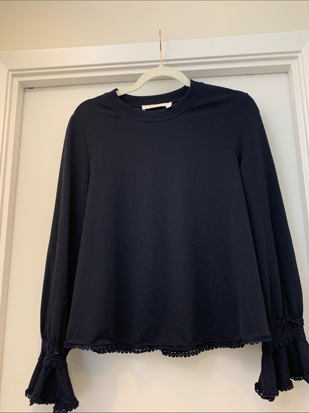 See By Chloe Navy Long-Sleeve Top with Scalloped Ruffle Cuffs